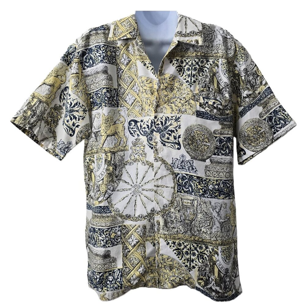 Vintage Roman Italy Shirt Top M Disco Collar POCKETS Architecture History 70s